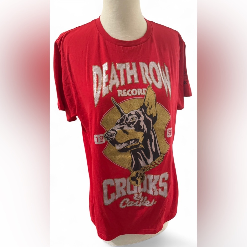 Death Row x Crooks Dog Short Sleeve Tee in Red with Gold Glitter Women’s Size M